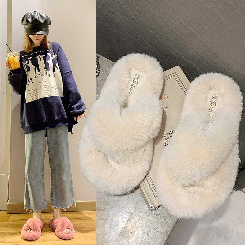 毛毛拖鞋女2025秋季新款交叉厚底仿兔毛平底休闲外穿一字家居拖鞋|undefined