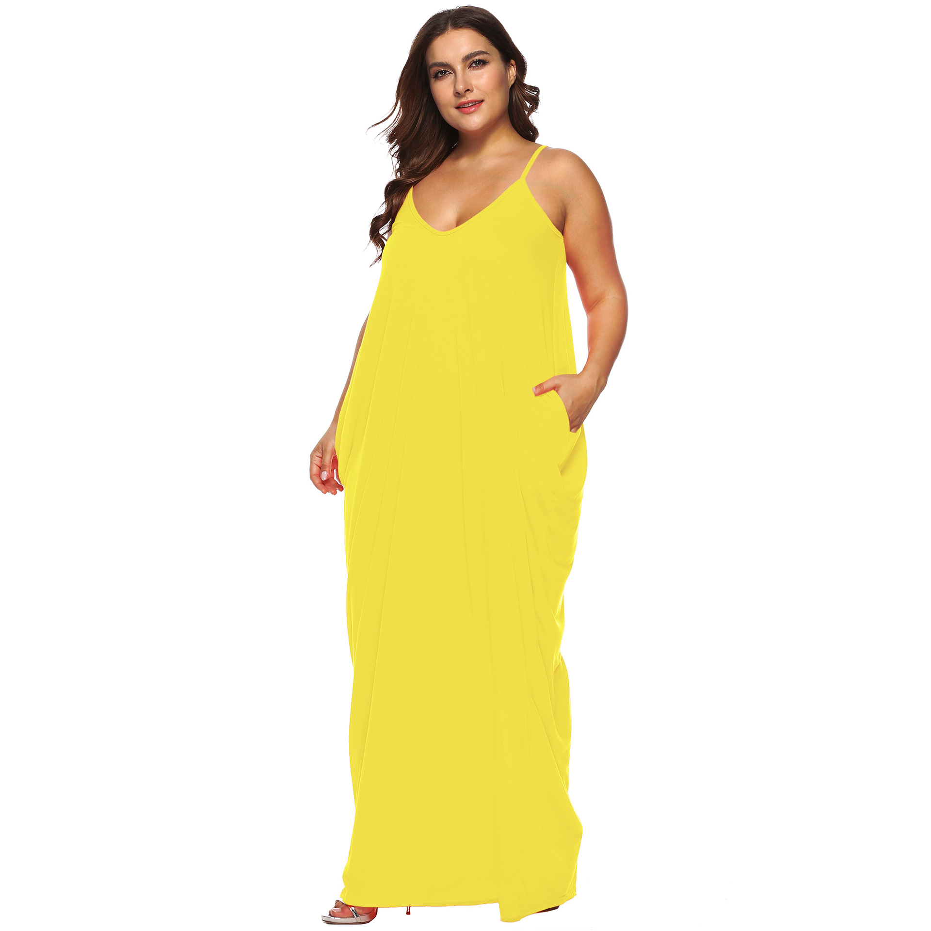 Vestido de color sólido suelto con bolsillo doble largo con tirantes de talla grande NSOY125362