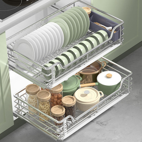 【Factory Wholesale】True 304 stainless steel pull-out basket kitchen cabinet drawer double-layer bowl rack bowl and plate basket with water receiving