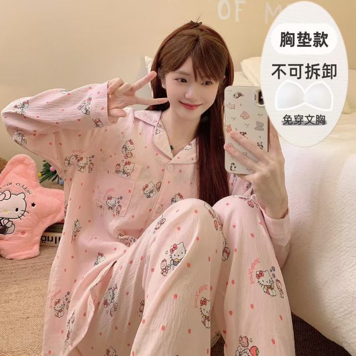 Al por mayor transfronterizo otoño nuevo pijama de nube de algodón con collar cardigan con cojín de pecho manga larga dulce conjunto de ropa de hogar