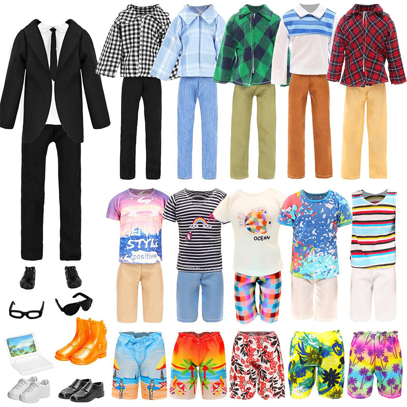 11-Inch 30cm 16-Piece Set of Male Doll Clothes and Accessories, Black Suit, Swim Trunks, Casual Pants, Glasses, Shoes