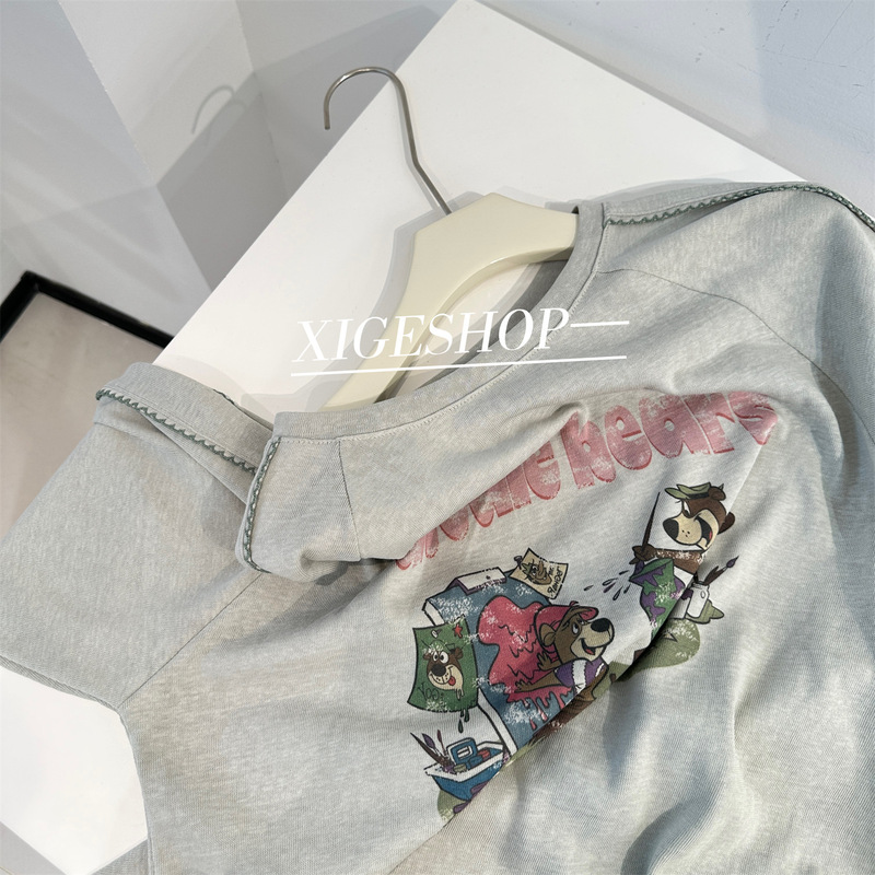 韩系卡通印花长袖T恤女秋季2025新款减龄少女感刺绣花边宽松上衣|undefined