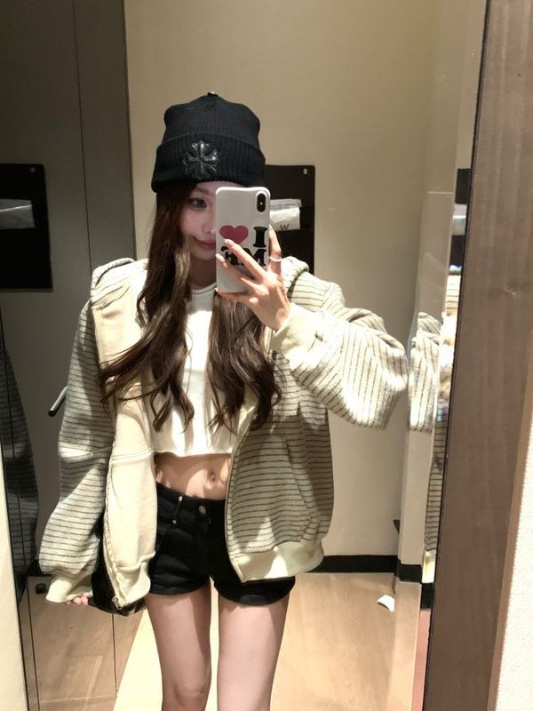 韩系慵懒风撞色条纹连帽拉链卫衣外套女秋季小众百搭宽松显瘦上衣|undefined