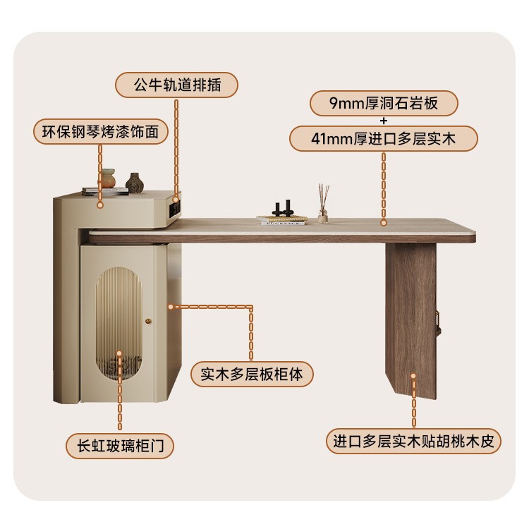 Tablero de roca de caverna de estilo retro, isla de apartamento pequeño, mesa de comedor, hogar integrado, cocina de alta gama de madera maciza retráctil
