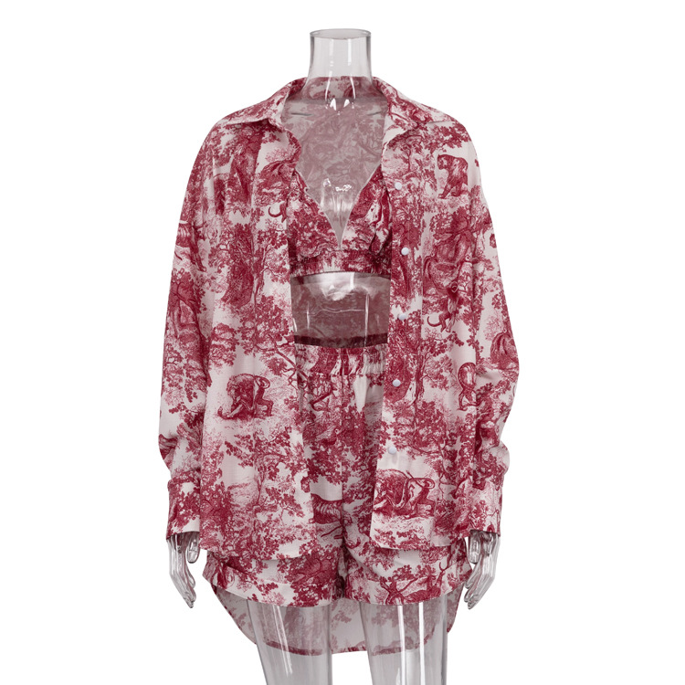 436g Weight Long Sleeve Sleeve Length Polyester Fabric Type Shorts Co-ord Set Sets Type 3 Pieces Set Quantity Holiday Occasion V Neck, Turndown Neckline Loose Fit Type Animal, Plant Pattern Summer, Spring Season Women's Gender Printing, Button Design Vintage Style, Streetwear Style Holiday Women's Vintage Style Streetwear Animal Plant Polyester Printing Button Shorts Co-ord Set Shorts Sets 4
