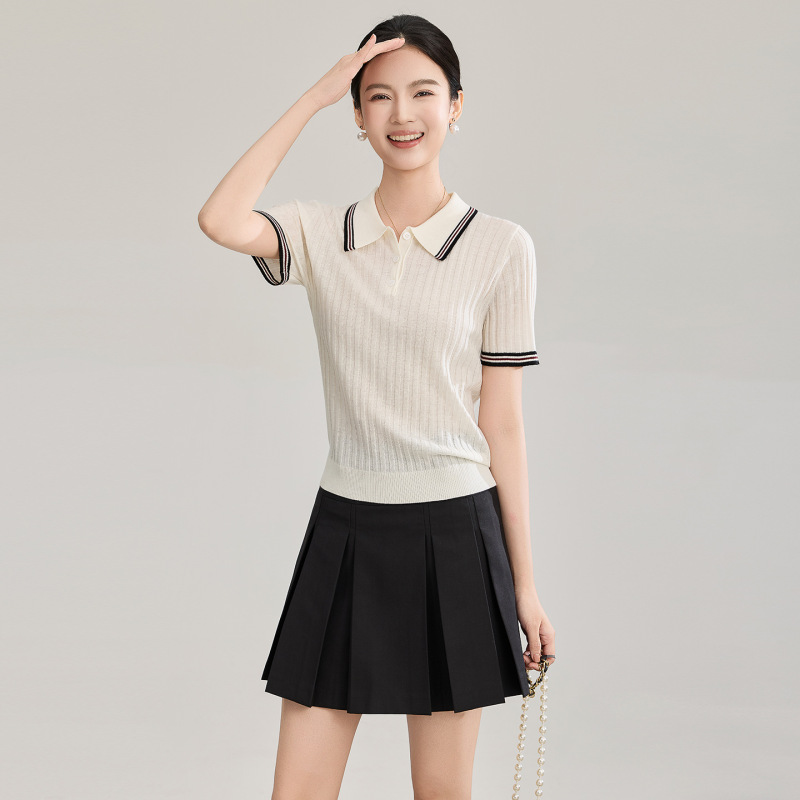2602612-16 Fine Knit Wide-Striped Wool Blend Classic Color-Blocked Lapel Top Knit Sweater Short-Sleeve Women's Summer Style 2602612-16 Fine Knit Wide-Striped Wool Blend Classic Color-Blocked Lapel Top Knit Sweater Short-Sleeve Women's Summer Style