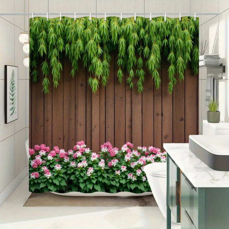 Rustic Wood Fence Pattern Shower Curtain Willow Branch Pink White Flowers Green Garden Landscape Bath Curtain