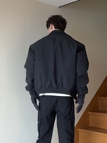 Black Cleanfit Cotton Jacket for Men - Spring and Autumn, American Style, Bulky, Short, Wide, Square Shoulders, Administrative Jacket, Trendy