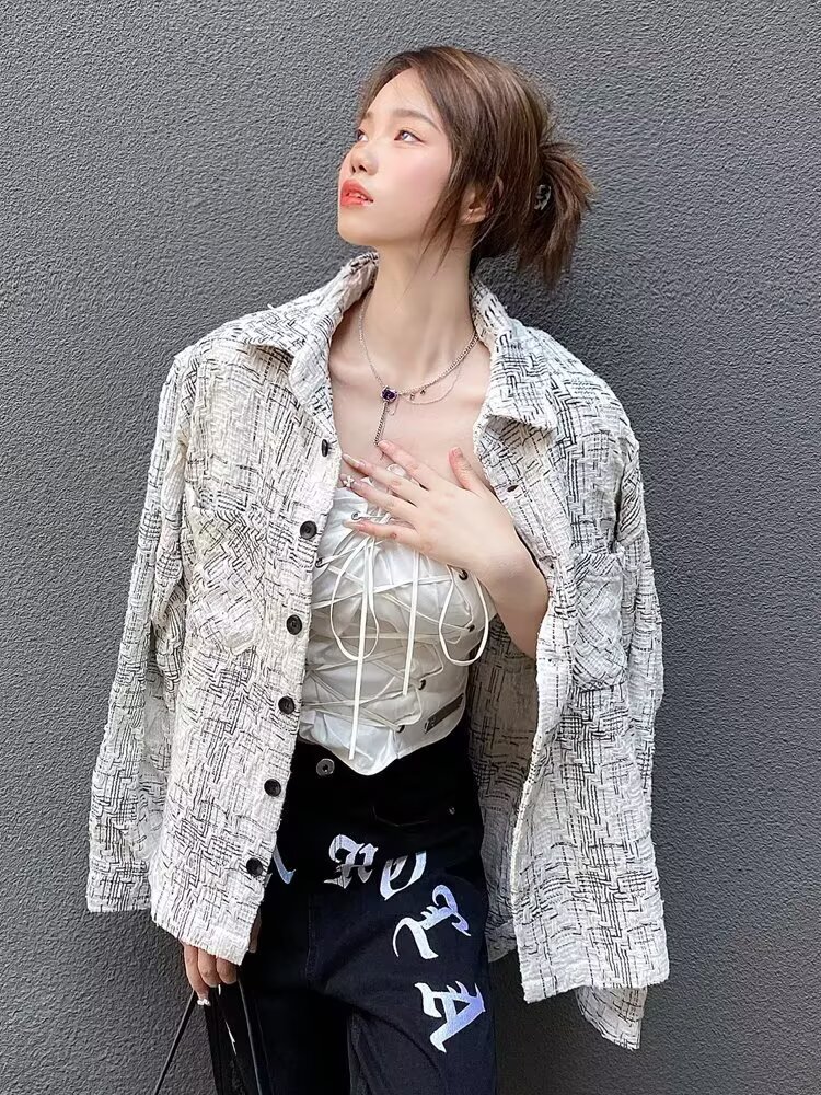 Autumn Casual Versatile Couple Jacket Chinese Style Hip-Hop High-End Chanel-Style Plaid Lapel Shirt Jacket Trendy