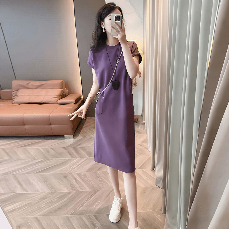 韩版时尚简约气质休闲开叉连衣裙女2025夏季百搭宽松中长款连衣裙|undefined