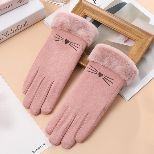 Warm gloves for women with cute velvet and thickened cold-proof German velvet outdoor cycling touch screen autumn and winter gloves