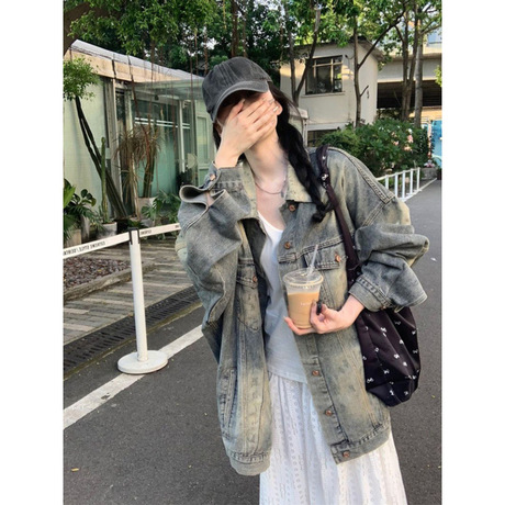 高街美式复古水洗做旧牛仔外套女春秋宽松oversize中长款夹克上衣