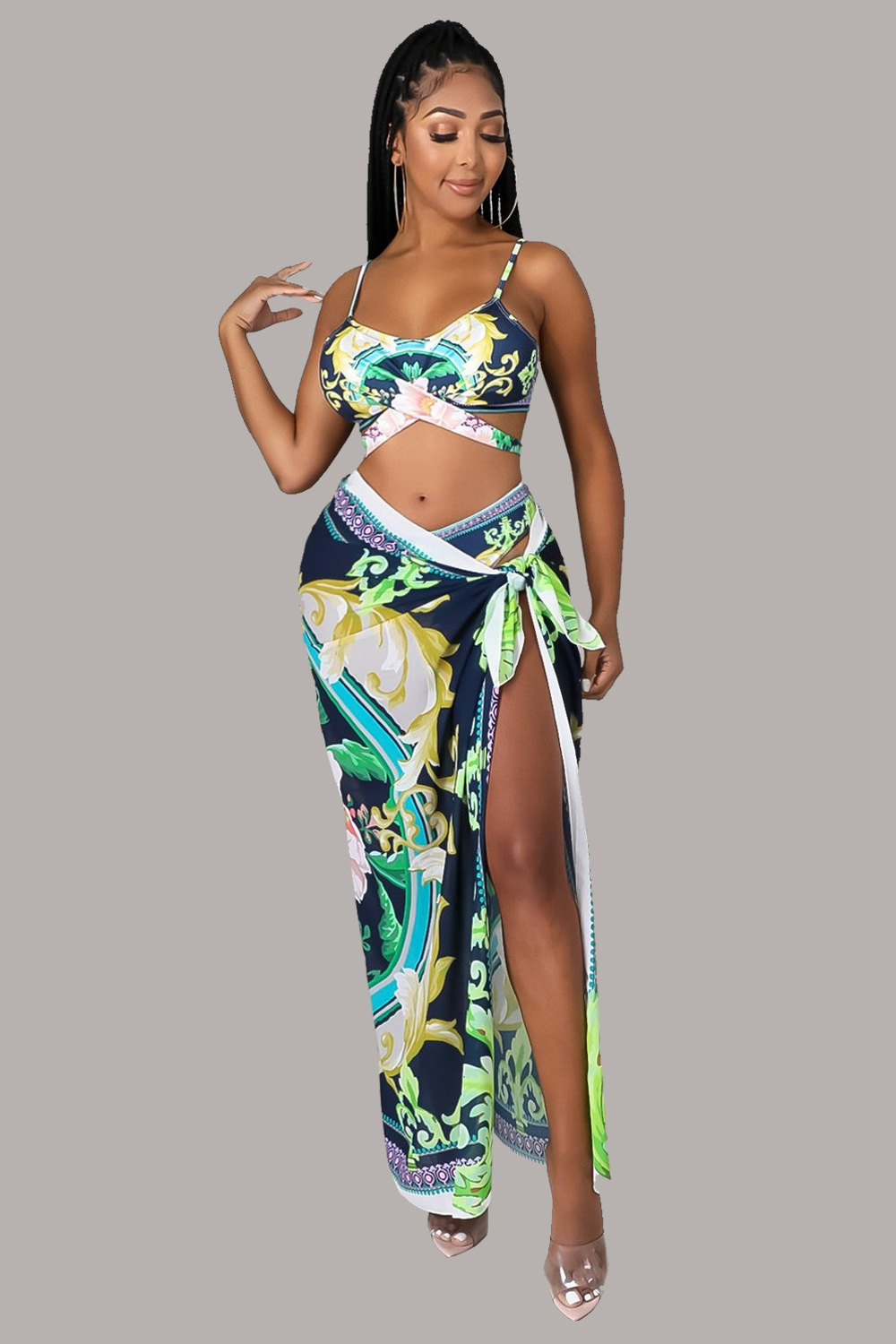 printed split with slit skirt three-piece bikini set NSYMS129280