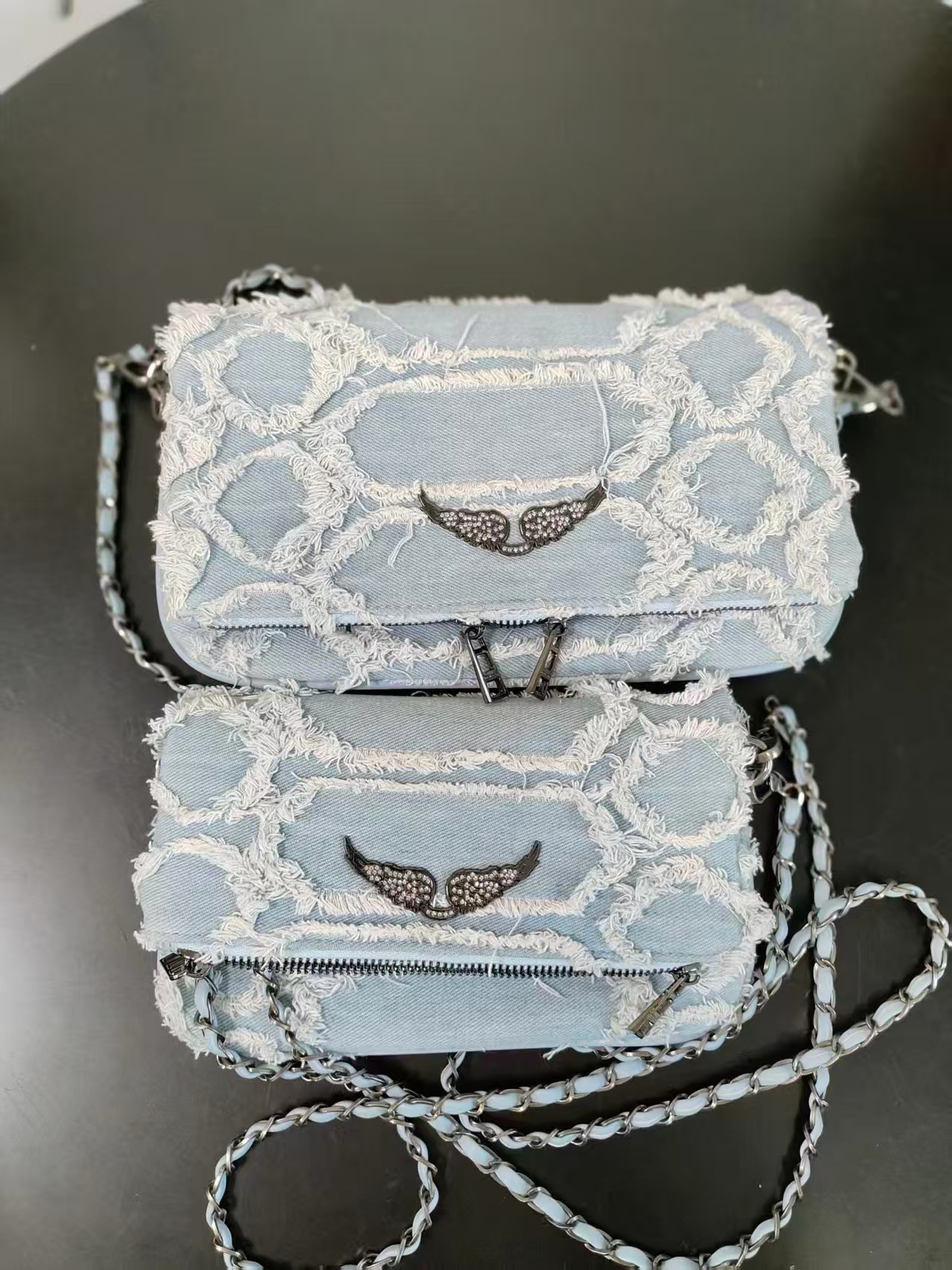Qadın üçün denim çanta, kiçik dördbucaqlı, zəncirli