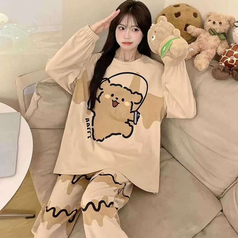 韩版卡通线条小狗睡衣女春秋季休闲圆领长袖长裤套装家居服可外穿