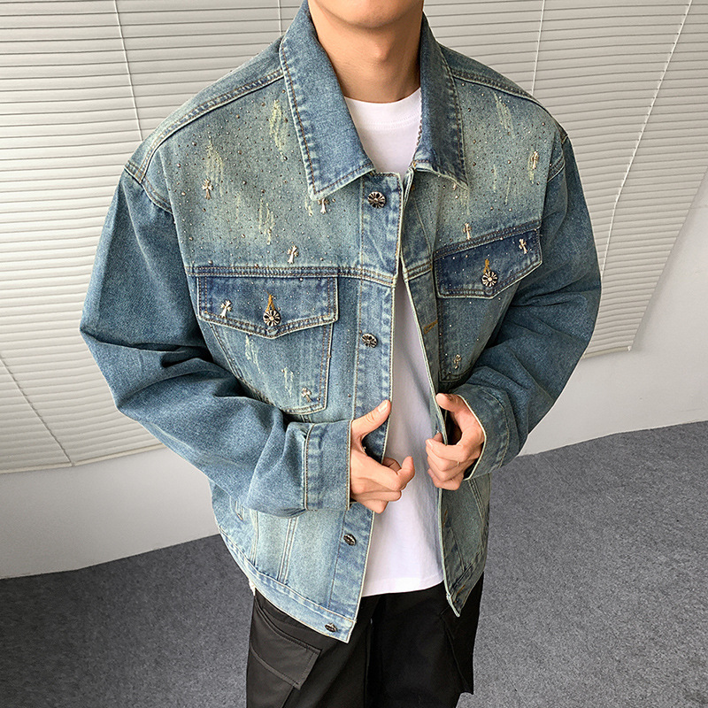 New Men's Casual Jacket Spring and Autum Export Trendy High Street Cross Hot Diamond Loose Denim Jacket for Men