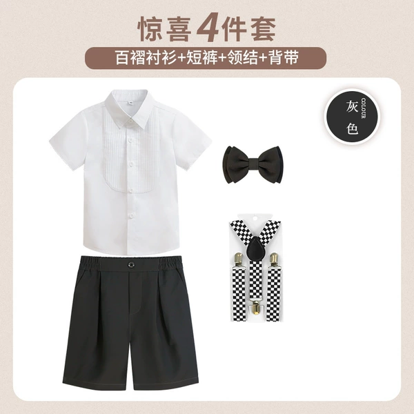 Set, shirt, shorts, suspenders, bow tie, with short sleeve