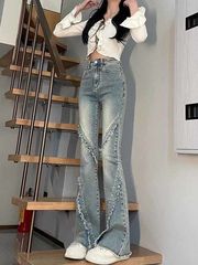 复古微喇牛仔裤女春秋2025年新款美式毛边高腰马蹄裤喇叭裤子春秋