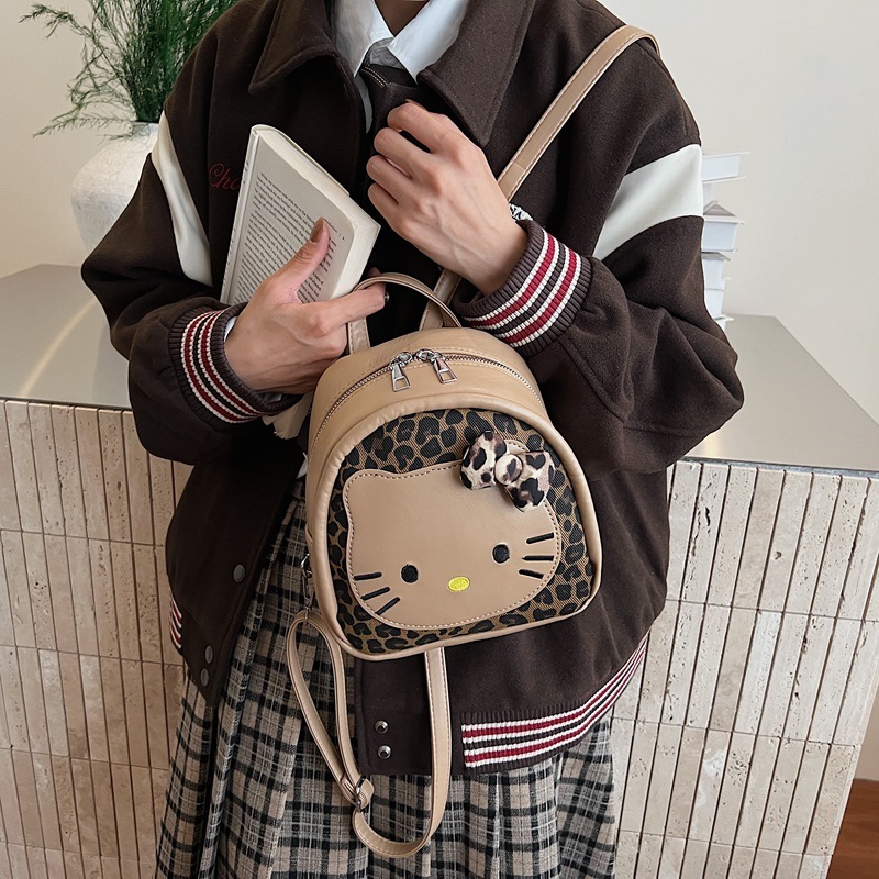 韩版可爱豹纹黑皮蛋仔kitty猫双肩包包早秋新款甜美外出手提背包|undefined