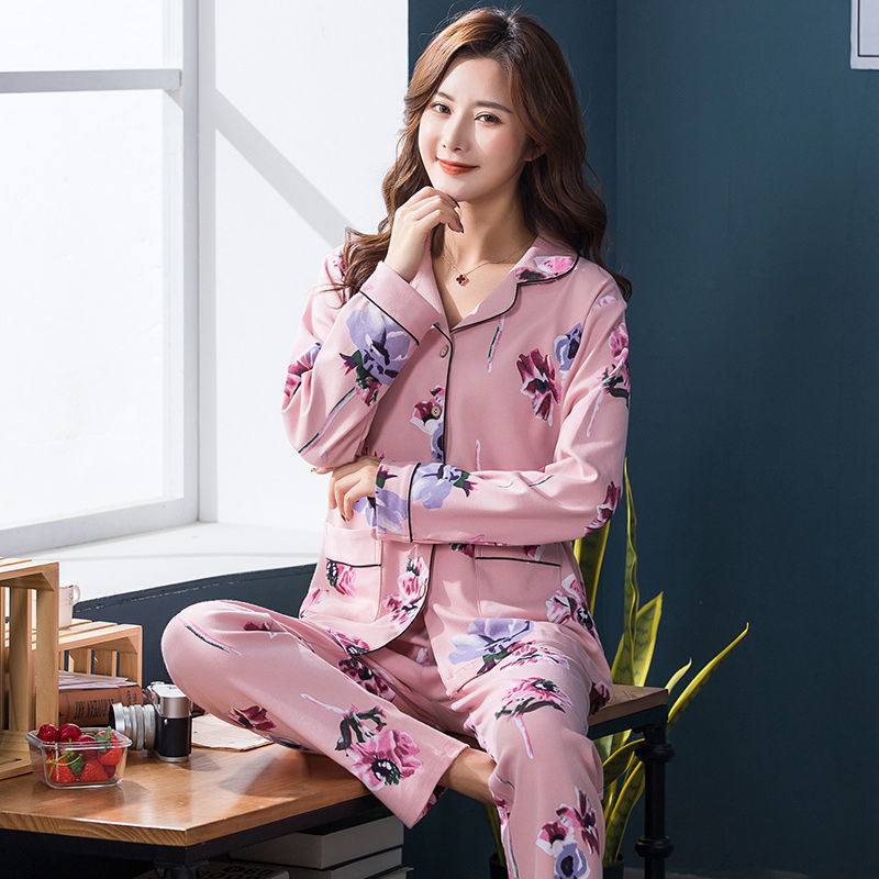 Pijamas de algodón 100% de manga larga para mujeres de mediana edad y de edad avanzada La primavera y el otoño se pueden usar fuera de las mujeres de mediana edad sueltan el traje de uso doméstico