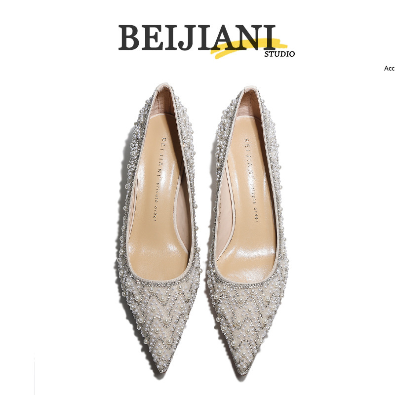 Beijiani 1578-23 Cross-Border Rhinestone Pearl High-Heeled Wedding Shoes with a High-End Feel for Bridesmaids and Brides