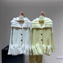 2025新款麦穗麻花真狐狸毛皮草外套女海军领车条针织开衫毛衣宽松