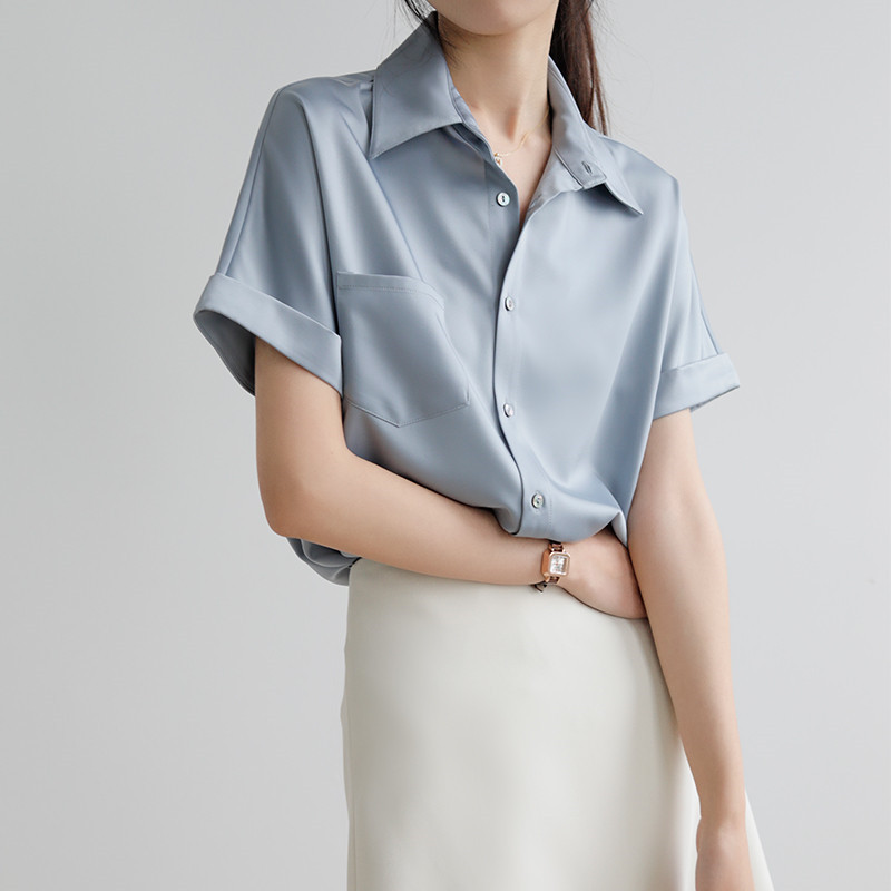 Gray blue short-sleeved shirt women's summer European professional simple Slimming matte satin texture V-neck shirt