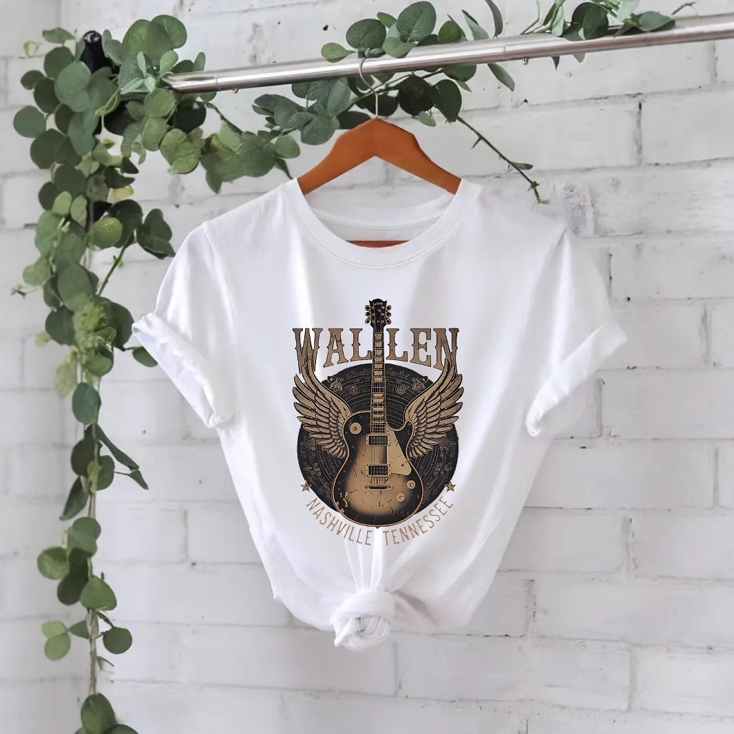 Pure Cotton European and American Independent Station Cross-border Elegant T-shirt Women's in stock Guitar Disc Printing Summer New Short Sleeve