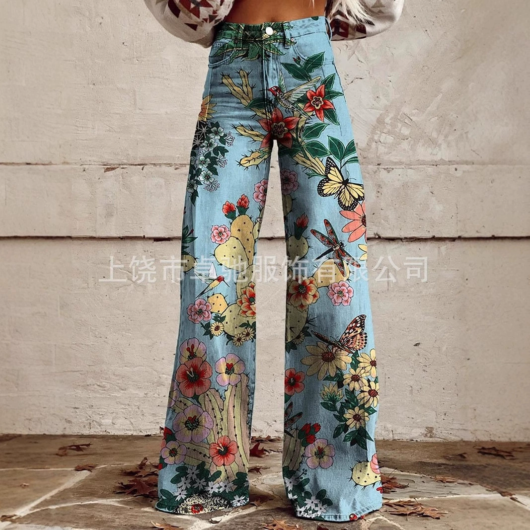 2025 Независимая станция Сийин Европейская и Американская внешняя торговля большие размеры женские повседневные брюки принты имитация джинсы широкие ножки 3D модные женские брюки