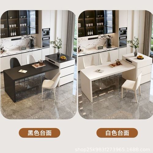 Simple, sleek rock slab island dining table with integrated, extendable, rounded-edge design—perfect for modern kitchens and compact homes as a stylish bar counter or kitchen island.