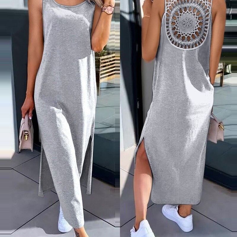 Women's Clothing Summer Solid Color Women's Dress Style Back Hollowed Out Lace Sleeveless Slit Design For Casual Occasions_ecoleips.com