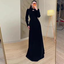2025外贸跨境欧美亚马逊冬季新款气质纯黑色长袖收腰高级感连衣裙