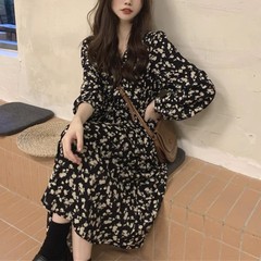フレンチヘボンスタイルの女性用黒ロングドレス、2025年秋スタイル、ゆったりとしたスリムフィット、シフォン花柄ドレス