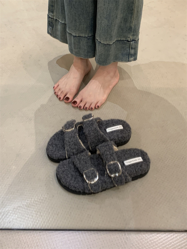 韩版勃肯毛毛拖鞋女外穿秋冬新款羊羔毛厚底一脚蹬懒人棉拖鞋子女|undefined