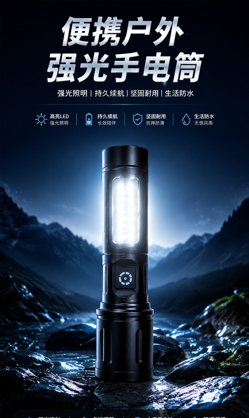 Cross-border LED high-brightness flashlight with zoom, portable outdoor lighting, white laser, USB rechargeable, warning work light