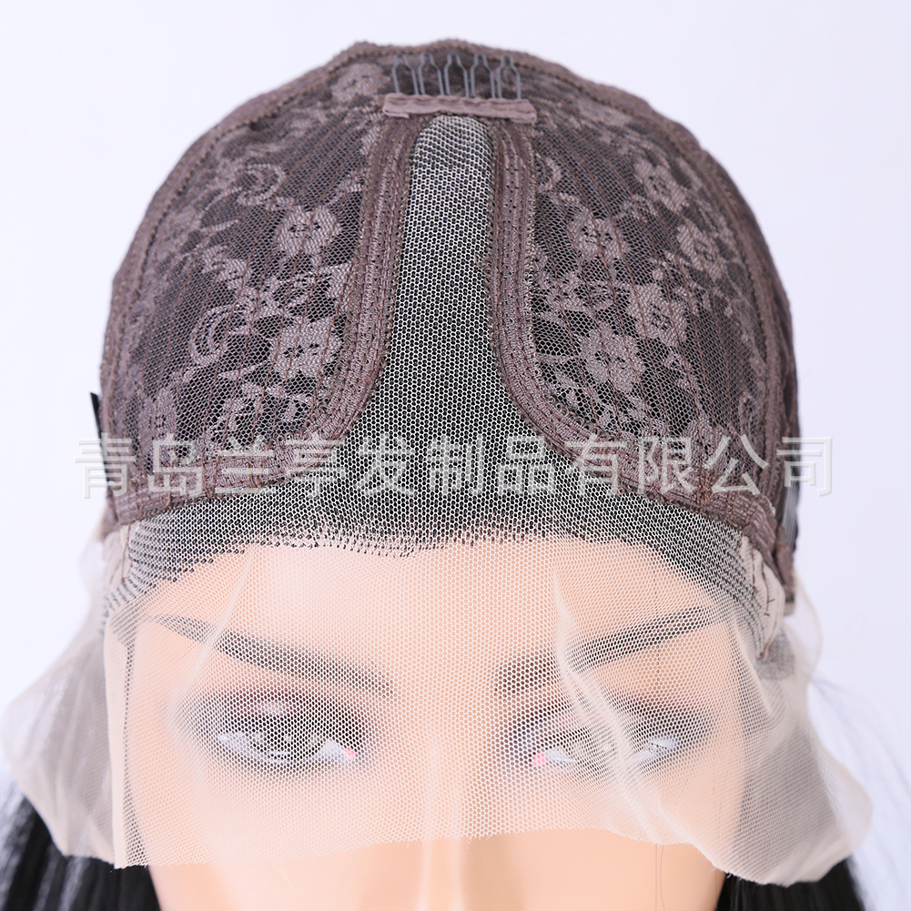 Peluca europea y americana negro elástico frente de encaje 13x4 luz suave larga recta fibra química alta temperatura seda peluca cabeza cubierta