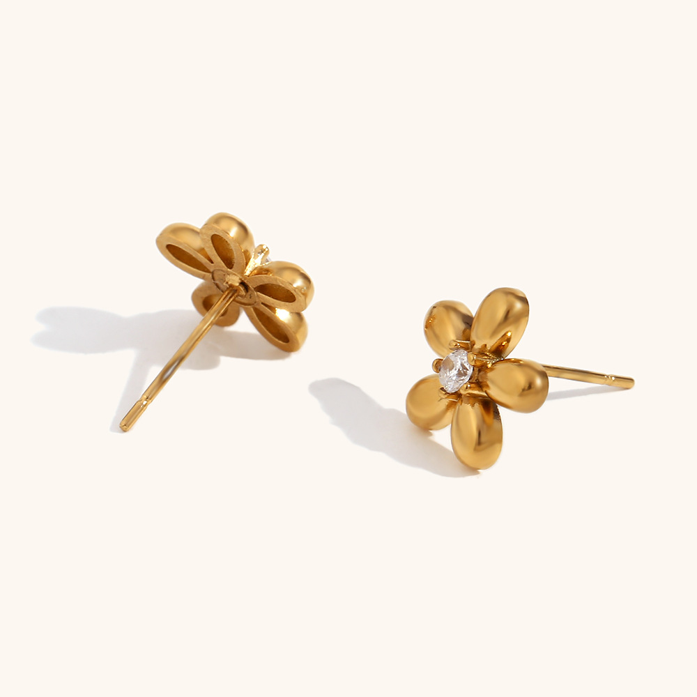 Simple Style Crown Flower Stainless Steel Inlay Zircon Ear Studs 1 Pair display picture 9