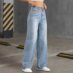 跨境Womenjeans高腰直筒牛仔裤浅色水洗全季节休闲街头服饰适穿