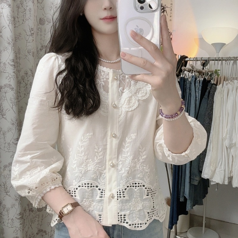 新款早秋七分袖衬衫女新款淑女小衫宽松甜美百搭上衣女杏色|undefined