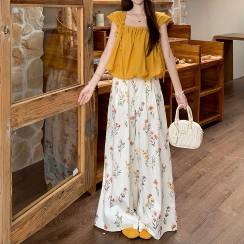 French-style collar tie front floral women's blouse 2025 summer new fashion set trendy floral print wide-leg pants