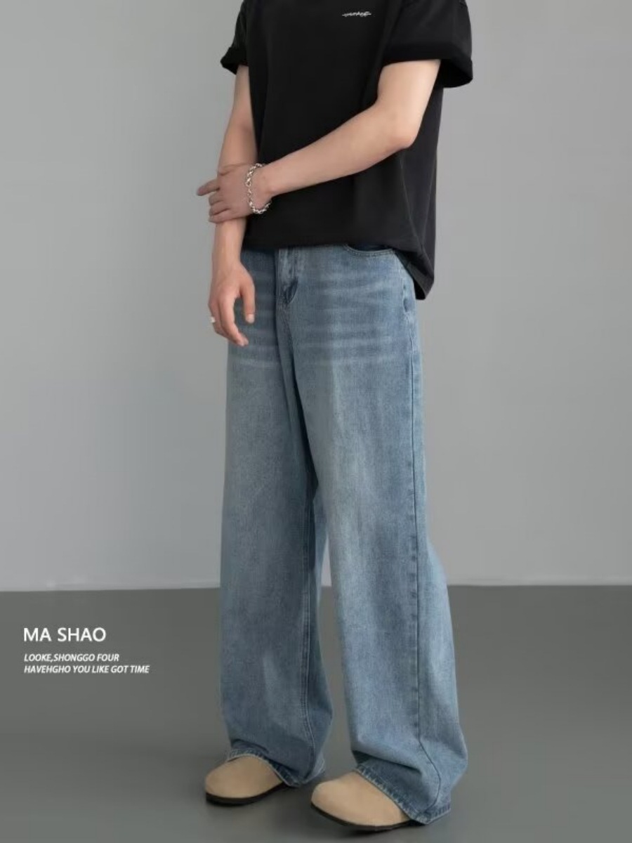 Vintage Wide-Leg Jeans for Men Relaxed Fit Distressed Denim Pants Washed Cotton Blend Mid-Rise Streetwear Staple_viptrois.com