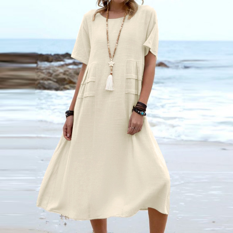 Robe d'été décontractée pour femme, coupe ample, col rond, manches courtes, longueur mi-longue, en coton et lin, couleur unie_voghion.com