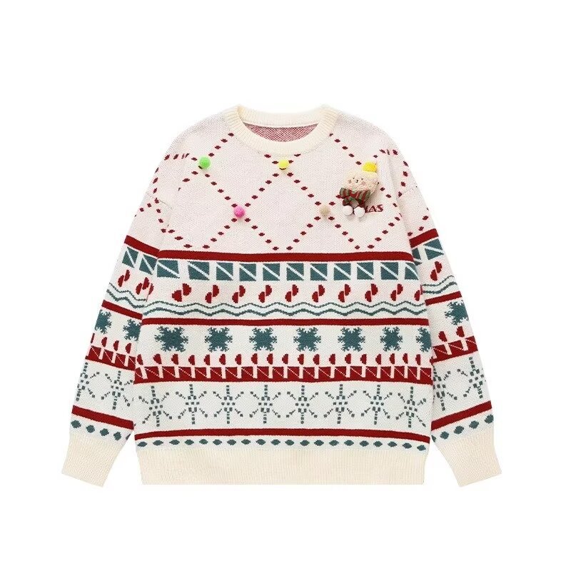 Men's Clothing National style trendy men and women long sleeved round neck pullover sweater knitted sweater red autumn and winter couple tops_voghion.com