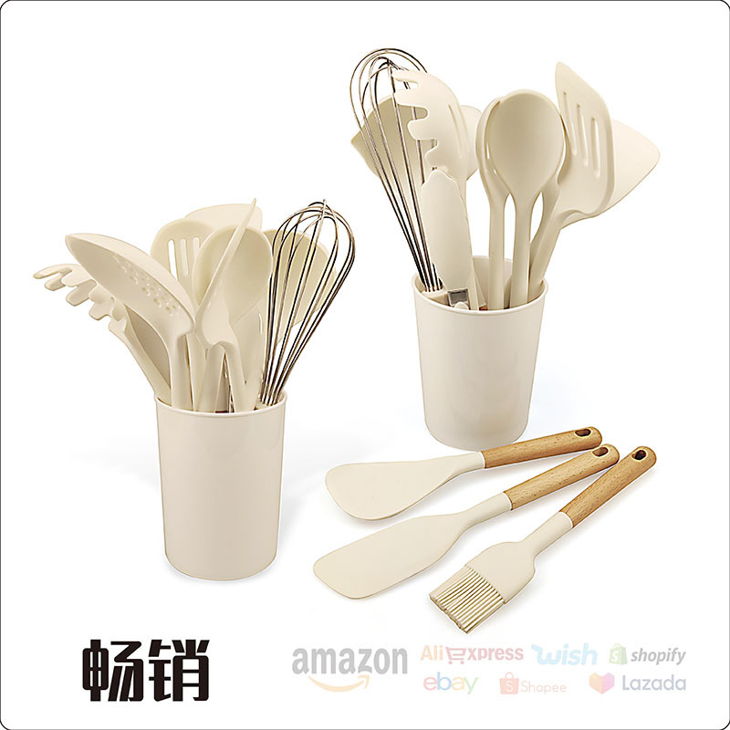 Nuevo mango de madera utensilios de cocina de silicona transfronterizo dedicado 12 piezas de alta temperatura resistente antiadherente sopa cuchara colador pala traje