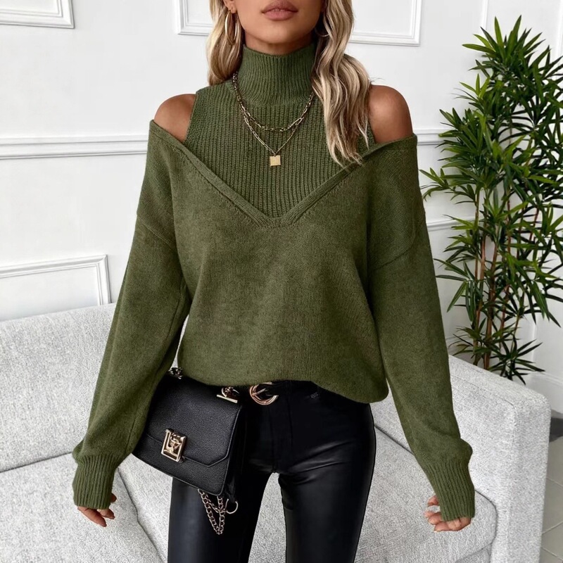 2026 Amazon European and American cross-border new women's autumn off-shoulder design fashion long-sleeve mid-high neck sweater