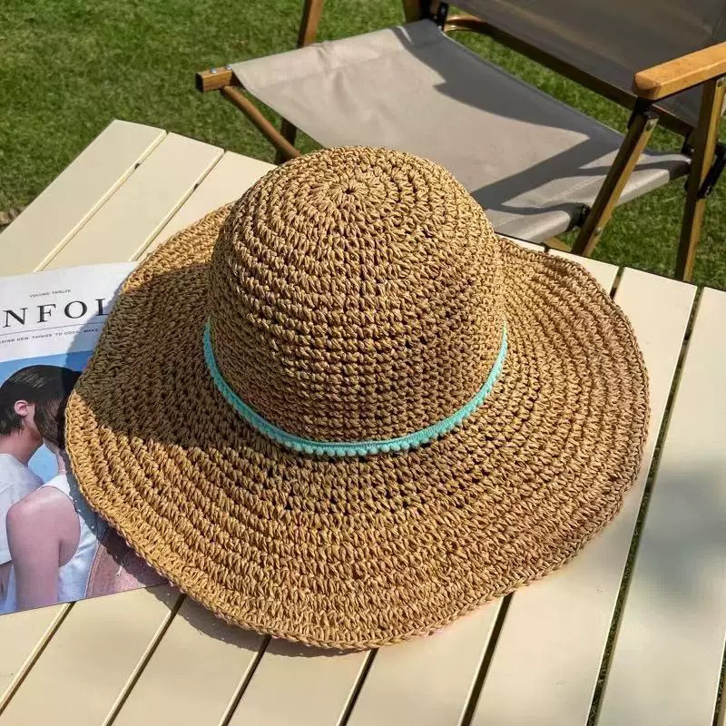 Sombrero de paja con ala grande, estilo pastoral para mujer, sombrero de pescador de paja dulce y versátil, la circunferencia de la cabeza grande muestra la cara, pequeño sombrero de protección solar