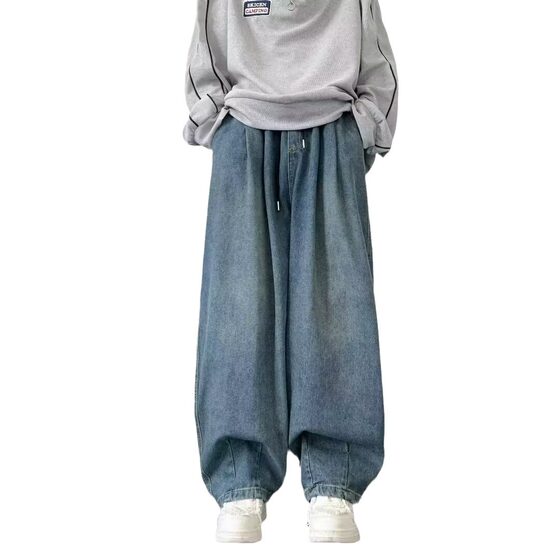 American Style High Street Retro Wide Leg Jeans Men's Spring and Autumn Loose Straight All-match Washed Elasto Waist Trousers