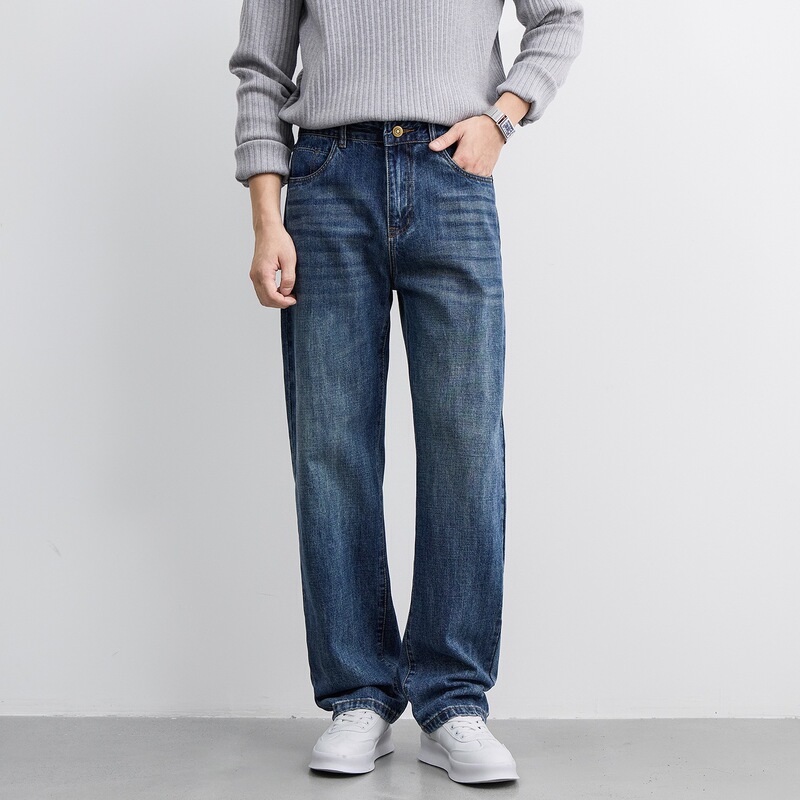 Autumn Blue New Men's Jeans: Straight-Leg, Loose-Fit, High-End Washed, Versatile, Draped, High-Street, Vintage, Old Money Style