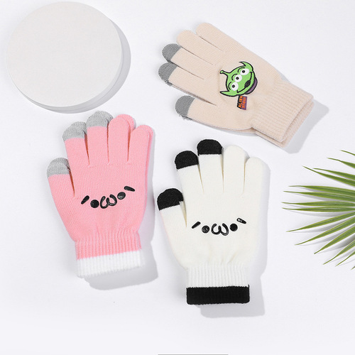 Five-finger gloves for women in winter, Korean version for students, cute cartoon plus velvet and thickened knitted couple, touch screen, warm for cycling men