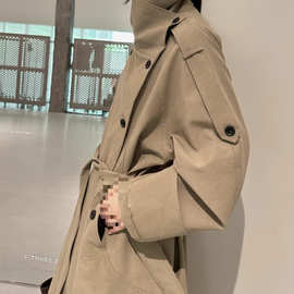 法式名媛纯色设计感2025春秋新款英伦风气质大翻领风衣外套女